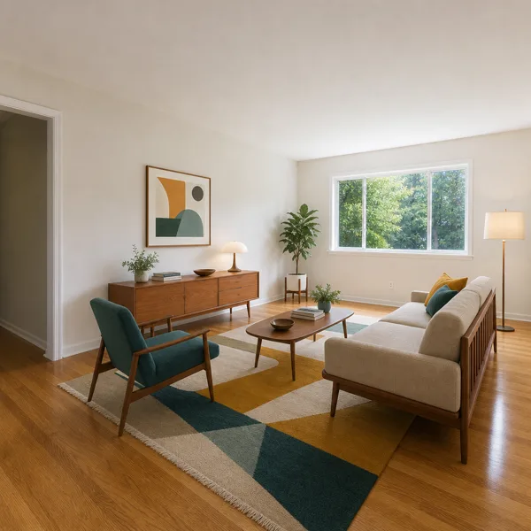 The room restyled in mid-century modern style
